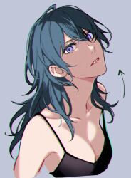 Rule 34 | 1girl, black shirt, blue hair, breasts, byleth (female) (fire emblem), byleth (fire emblem), cleavage, collarbone, cropped torso, fire emblem, fire emblem: three houses, grey background, hair between eyes, head tilt, long hair, looking at viewer, medium breasts, nintendo, parted lips, purple eyes, sb (sbixinsky), shirt, simple background, sleeveless, sleeveless shirt, solo, spaghetti strap, straight hair, strap gap, upper body