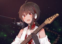 Rule 34 | 1girl, :d, ahoge, ascot, bad id, bad pixiv id, bare shoulders, black gloves, blurry, blurry background, blush, body blush, braid, collarbone, dark background, detached collar, detached sleeves, glint, gloves, guitar, hair between eyes, headphones, highres, instrument, long hair, microphone, mimengfeixue, mole, mole under mouth, music, open mouth, playing instrument, red eyes, see-through, sidelocks, singing, single braid, smile, solo, tareme, upper body, very long hair, vest, vocaloid, vocanese, yuezheng ling