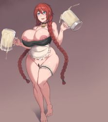 Rule 34 | 1girl, apron, bell, blue eyes, blush, bottomless, braid, breasts, censored, collar, cum, cum in container, cum in cup, cup, has uncensored version, highres, holding, holding cup, huge breasts, long hair, metal owl (aden12), mug, neck bell, nipples, open mouth, red hair, smile, solo, standing, twintails, undersized clothes, wide hips
