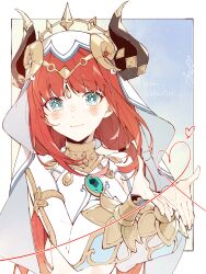 Rule 34 | 1girl, absurdres, aiwo o lite, aqua eyes, aqua gemstone, blush, border, bracer, bright pupils, brooch, closed mouth, commentary request, crop top, detached sleeves, fake horns, genshin impact, happy valentine, heart, highres, horns, jewelry, long hair, long sleeves, looking at viewer, low twintails, neck ring, nilou (genshin impact), outside border, puffy long sleeves, puffy sleeves, red hair, sidelocks, signature, smile, solo, twintails, upper body, veil, white border, white headwear, white pupils