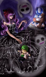 Rule 34 | 1girl, black dress, breasts, character doll, cleavage, doll, dress, ghost, hat, highres, kumacy, large breasts, mini hat, mini top hat, one piece, perona, pink hair, rikamello, roronoa zoro, top hat