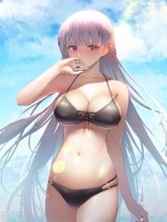 Rule 34 | 1girl, absurdres, armpits, bikini, black bikini, blush, braid, breasts, cleavage, collarbone, commission, commissioner upload, covering own mouth, embarrassed, fire emblem, fire emblem: the binding blade, fire emblem heroes, halterneck, highres, huge filesize, itaco, large breasts, long hair, looking at viewer, midriff, multi-strapped bikini, navel, nintendo, purple eyes, purple hair, skeb commission, solo, sophia (fire emblem), string bikini, swimsuit, thighs, very long hair