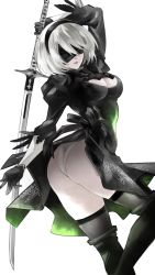 Rule 34 | 1girl, ass, black blindfold, black dress, black footwear, black gloves, black hairband, blindfold, boots, breasts, cleavage, commentary, dress, elbow gloves, english commentary, gloves, hairband, highres, juliet sleeves, katana, long sleeves, medium breasts, nier (series), nier:automata, puffy sleeves, short hair, simple background, solo, standing, sukeno yoshiaki, sword, thigh boots, thighhighs, thighs, weapon, white background, white hair, 2b (nier:automata)