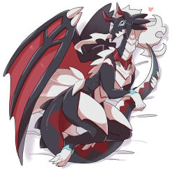 1girl animal_feet black_horns black_skin claws closed_mouth colored_skin dragon dragon_horns dragon_tail dragon_wings dragonmaid_sheou duel_monster full_body fur-tipped_tail furry furry_female gohan_(horth-waribasi) green_eyes heart highres holding holding_own_tail horns jewelry long_hair looking_at_viewer lying red_wings simple_background smile solo tail thighs white_background white_hair wings yu-gi-oh!