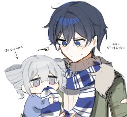 Rule 34 | 1boy, 1girl, ^^^, aged down, arrow (symbol), baby, black hair, blue eyes, blue scarf, bronya zaychik, closed mouth, drill hair, fur-trimmed jacket, fur trim, green jacket, grey eyes, grey hair, hair between eyes, highres, honkai (series), honkai impact 3rd, jacket, nyayou amanatto, onesie, open clothes, open jacket, ribbed sweater, scarf, simple background, striped clothes, striped scarf, sweat, sweater, translation request, turtleneck, turtleneck sweater, twin drills, twintails, upper body, welt joyce, white background, white sweater
