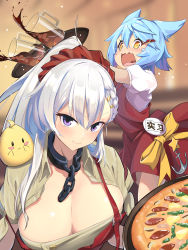 Rule 34 | 2girls, absurdres, amigo (hua cao), anchor symbol, animal, animal ears, animal on shoulder, apron, azur lane, badge, belfast (azur lane), belfast (piping-hot perfection) (azur lane), bird, blue hair, blurry, blurry background, blush, braid, breasts, broken, broken chain, brown dress, button badge, buttons, chain, chick, cleavage, collar, collarbone, collared dress, commentary, cowboy shot, cup, dress, drink, drinking glass, english commentary, food, fox ears, french braid, fubuki (azur lane), fubuki (stormy waitress-in-training!) (azur lane), hair between eyes, hair ornament, hair ribbon, hairclip, highres, holding, holding food, ice, ice cube, indoors, large breasts, long hair, looking at viewer, manjuu (azur lane), multiple girls, off shoulder, open mouth, pizza, ponytail, puffy short sleeves, puffy sleeves, purple eyes, red apron, red dress, red ribbon, ribbon, shirt, short hair, short sleeves, sidelocks, smile, standing, tears, tongue, tray, tripping, upper body, wavy mouth, white hair, white shirt, yellow eyes, yellow ribbon