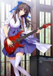 Rule 34 | 1girl, 440, amplifier, black hair, blush, brand name imitation, cable, electric guitar, guitar, instrument, japanese clothes, long hair, open mouth, original, red eyes, skirt, smile, solo, thighhighs