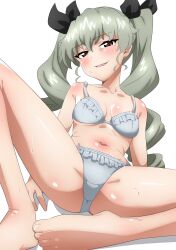 Rule 34 | absurdres, anchovy (girls und panzer), bikini, black ribbon, blush, breasts, brown eyes, drill hair, feet, girls und panzer, green hair, highres, long hair, looking at viewer, oinari (koheihei1109), open mouth, panties, ribbon, small breasts, spread legs, stomach, swimsuit, twin drills, twintails, underwear, wet