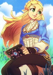 Rule 34 | 1girl, blonde hair, braid, commentary, crown braid, day, english commentary, fingerless gloves, flat chest, forehead, french braid, gloves, gold trim, green eyes, hair ornament, koi drake, long hair, looking to the side, nintendo, pants, parted bangs, pointy ears, princess zelda, seiza, sheikah slate, sidelocks, sitting, solo, the legend of zelda, the legend of zelda: breath of the wild