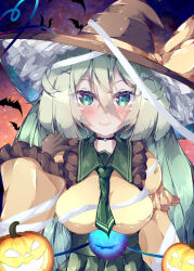 Rule 34 | 1girl, bat (animal), black hat, blush, breasts, closed mouth, commentary request, fant, green eyes, green hair, hair ornament, hat, highres, jack-o&#039;-lantern, komeiji koishi, large breasts, looking at viewer, smile, solo, third eye, touhou, upper body, witch hat, x hair ornament