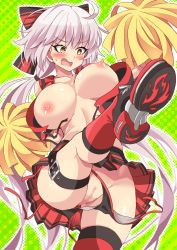 Rule 34 | 1girl, breasts, breasts out, cheerleader, commission, fate/grand order, fate (series), highres, holding, holding pom poms, jeanne d&#039;arc alter (fate), large breasts, nipples, open mouth, pixiv commission, pom pom (cheerleading), pom poms, shimouki izui, silver hair, solo, yellow eyes