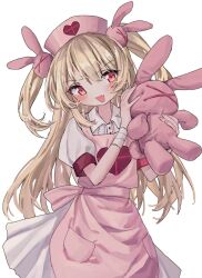 Rule 34 | 1girl, apron, bandaged wrist, bandages, blonde hair, blush, center frills, collared dress, commentary, cowboy shot, dress, fang, frills, hair ornament, hands up, hat, heart, heart print, highres, holding, holding stuffed toy, long hair, looking at viewer, natori sana, neko yeye, nurse, nurse cap, open mouth, pink apron, puffy short sleeves, puffy sleeves, rabbit hair ornament, red eyes, sana channel, short dress, short sleeves, simple background, skin fang, smile, solo, stuffed animal, stuffed rabbit, stuffed toy, symbol-only commentary, two side up, v-shaped eyebrows, virtual youtuber, white background, white dress