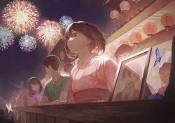 Rule 34 | 2boys, 4girls, absurdres, aerial fireworks, against railing, architecture, blue butterfly, brown eyes, brown hair, bug, butterfly, east asian architecture, festival, fireworks, hair between eyes, highres, huge filesize, insect, japanese clothes, kimono, lantern, multiple boys, multiple girls, night, night sky, obi, original, paper lantern, photo (object), pink kimono, pointing, railing, sash, semi (pixiv 21573635), shirt, short hair, silhouette, sky, t-shirt, tears, white butterfly, yukata