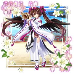 Rule 34 | 1girl, absurdres, bird wings, black wings, brown eyes, brown hair, closed mouth, commentary, conch, english commentary, flower, full body, game cg, geta, hat, highres, himekaidou hatate, himekaidou hatate (white crow of commemorative photos), japanese clothes, kimono, kourindou tengu costume, long hair, looking at viewer, official alternate costume, outdoors, purple footwear, purple hat, ribbon-trimmed sleeves, ribbon trim, rotte (1109), sash, second-party source, shell, smile, solo, tengu-geta, thighhighs, tokin hat, touhou, touhou lostword, twintails, white flower, white kimono, white thighhighs, wide sleeves, wings