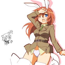 Rule 34 | 00s, 1girl, 9law, ;d, animal ears, arm up, bad id, bad pixiv id, belt, blue eyes, breasts, buckle, charlotte e. yeager, green necktie, long sleeves, looking afar, military, military uniform, necktie, oekaki, one eye closed, open mouth, orange hair, panties, rabbit ears, rabbit girl, rabbit tail, short hair, simple background, smile, solo, solo focus, strike witches, underwear, uniform, white background, white panties, world witches series