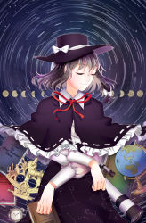 Rule 34 | 1girl, absurdres, aries (constellation), artist name, black hair, black skirt, book, bow, bowtie, capelet, closed eyes, constellation, crescent moon, crossed arms, english text, fedora, floating hair, full moon, gemini (constellation), globe, hair bow, hat, hat bow, highres, light smile, long skirt, long sleeves, moon, moon phases, nose, pisces (constellation), pocket watch, puffy long sleeves, puffy sleeves, red bow, red bowtie, ribbon, ribbon-trimmed clothes, ribbon trim, seastar, short hair, skirt, smile, solo, space, telescope, touhou, usami renko, watch