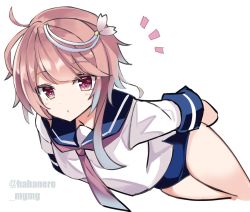 Rule 34 | 1girl, ahoge, arms behind back, blue one-piece swimsuit, cowboy shot, fathom, hair ornament, highres, i-58 (kancolle), kantai collection, neckerchief, one-piece swimsuit, pink eyes, pink hair, school swimsuit, school uniform, serafuku, short hair, simple background, solo, swimsuit, swimsuit under clothes, twitter username, white background