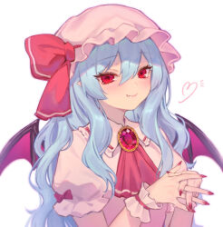 Rule 34 | 1girl, absurdres, alternate hair length, alternate hairstyle, ascot, bat wings, blue hair, blush, bow, closed mouth, collared shirt, commentary, eyelashes, eyes visible through hair, fang, fingernails, frilled wrist cuffs, frills, gem, hair between eyes, hands up, hat, hat bow, heart, highres, interlocked fingers, lips, long fingernails, long hair, looking at viewer, mob cap, nail polish, notice lines, own hands together, pink hat, pink shirt, pointy ears, puffy short sleeves, puffy sleeves, qiu ju, red ascot, red bow, red eyes, red gemstone, red nails, remilia scarlet, sharp fingernails, shirt, short sleeves, sidelocks, simple background, sleeve bow, smile, solo, touhou, tsurime, upper body, very long hair, wavy hair, white background, wings, wrist cuffs