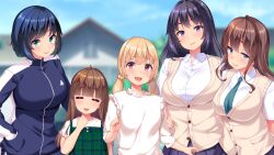 Rule 34 | 5girls, :&gt;, :o, ahoge, blonde hair, blue eyes, blue hair, blurry, blurry background, blush, breasts, brown hair, closed eyes, closed mouth, eyebrows hidden by hair, female focus, flat chest, game cg, green eyes, happy, height difference, jacket, large breasts, long hair, looking at viewer, multiple girls, necktie, nonomiya himari, nonomiya rinka, nonomiya sora, open mouth, original, outdoors, purple eyes, purple hair, red eyes, school uniform, shiokonbu, short hair, sister lesson, skirt, small breasts, smile, standing, twintails, upper body, vest