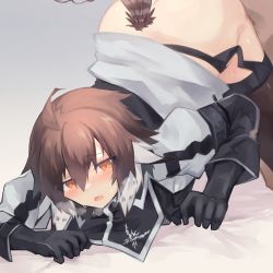 Rule 34 | 1girl, ahoge, arknights, bird girl, bird tail, black gloves, black thighhighs, blush, brown hair, cloak, clothed sex, commentary request, elbow gloves, garter straps, gloves, hair between eyes, heavy breathing, implied sex, infection monitor (arknights), long sleeves, multicolored hair, open mouth, orange eyes, out of frame, plume (arknights), sasa onigiri, short hair, solo, sweat, tail, thighhighs, top-down bottom-up, two-tone hair, white hair