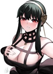 Rule 34 | 1girl, absurdres, armpits, bare shoulders, black hair, blush, breasts, cleavage, dress, earrings, flower, hair flower, hair ornament, hairband, hand on own chest, highres, izulizuru, jewelry, large breasts, looking at viewer, parted lips, red eyes, rose, selfie, simple background, sleeveless, sleeveless dress, spy x family, sweat, upper body, white background, yor briar