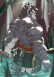 Rule 34 | 1boy, absurdres, animal ears, artist request, bara, feet out of frame, forest, from behind, furry, furry male, grey fur, highres, holding, holding weapon, lake, looking at viewer, looking back, male focus, mature male, muscular, muscular male, nature, sanpaku, sdorica, solo, thick eyebrows, thick thighs, thighs, tiger boy, tiger ears, topless male, tree shade, wading, weapon, yao (sdorica)