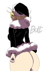 Rule 34 | 1girl, absurdres, ass, black dress, blonde hair, boku no hero academia, bottomless, breasts, christmas, coffing, double bun, dress, english text, from behind, fur-trimmed headwear, fur trim, hat, highres, huge ass, large breasts, santa hat, sideboob, smile, thick thighs, thighs, toga himiko, white background, yellow eyes