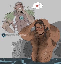 Rule 34 | alternate muscle size, arm hair, awlba, baldur&#039;s gate, baldur&#039;s gate 3, bara, bathing, belly, brown hair, chest hair, collage, dark-skinned male, dark skin, dungeons &amp; dragons, elf, hairy, halsin, heart, highres, large pectorals, male focus, mature male, medium hair, muscular, muscular male, navel hair, nipples, nude, partially colored, pectorals, peeking out, pointy ears, scar, seductive smile, sideways glance, smile, solo focus, spoken heart, stomach, stretch marks, thick eyebrows, upper body, wet, wet hair