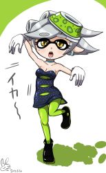 Rule 34 | 10s, 1girl, 2015, breasts, choker, cleavage, dated, dress, earrings, fangs, green pantyhose, highres, inkling, jewelry, leg up, marie (splatoon), mole, mole under eye, multiple girls, nintendo, pantyhose, pointy ears, short hair, silver hair, simple background, solo, splatoon (series), splatoon 1, strapless, strapless dress, usa (dai9c carnival), yellow eyes
