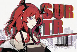 Rule 34 | 1girl, arknights, bare shoulders, black dress, black jacket, breasts, character name, cleavage, closed mouth, collarbone, dress, horns, jacket, jacknavy, long hair, medium breasts, mouth hold, off shoulder, open clothes, open jacket, purple eyes, red hair, sample watermark, sleeveless, sleeveless dress, solo, surtr (arknights), upper body, watermark