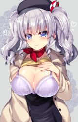 Rule 34 | 1girl, blue eyes, blush, bra, breasts, cleavage, commentary request, fingernails, hair between eyes, hand on own chest, hat, jacket, kantai collection, kashima (kancolle), large breasts, long sleeves, looking at viewer, neckerchief, open clothes, open shirt, purple bra, red neckerchief, ringo sui, sidelocks, silver hair, smile, solo, twintails, underwear, wavy hair, white jacket