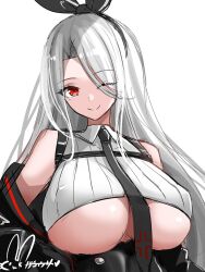 Rule 34 | 1girl, azur lane, black coat, black necktie, breasts, coat, cross, highres, hisin, iron cross, large breasts, mole, mole under eye, necktie, one eye closed, open clothes, open coat, prinz heinrich (azur lane), red eyes, simple background, sleeveless, solo, underboob, white background, white hair