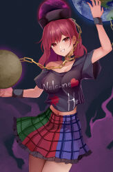 Rule 34 | 1girl, absurdres, black headwear, black shirt, chain, clothes writing, cowboy shot, dark background, earth (ornament), fire, hecatia lapislazuli, highres, koizumo, medium hair, moon (ornament), multicolored clothes, multicolored skirt, navel, off-shoulder shirt, off shoulder, open mouth, purple fire, red eyes, red hair, shirt, short sleeves, skirt, smile, solo, t-shirt, touhou