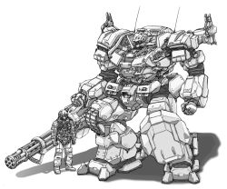 Rule 34 | armored core, armored core 5, from software, gatling gun, gun, helmet, male focus, mecha, monochrome, pilot, robot, weapon