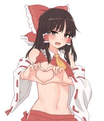 Rule 34 | 1girl, ascot, blush, bow, breasts, brown hair, clothes lift, detached sleeves, frilled bow, frilled hair tubes, frills, hair bow, hair tubes, hakurei reimu, heart, heart-shaped boob challenge, heart hands, highres, looking at viewer, medium breasts, miyo (ranthath), navel, no bra, no panties, open mouth, red bow, red shirt, red skirt, ribbon-trimmed sleeves, ribbon trim, shirt, shirt lift, simple background, skirt, skirt set, solo, sweat, touhou, underboob, white background