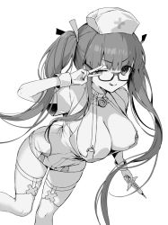 Rule 34 | 1girl, bb (bb shot!) (fate), bb (fate), blush, breasts, choker, dress, fate/extra, fate/extra ccc, fate (series), glasses, greyscale, hat, highres, holding, holding syringe, large breasts, long hair, looking at viewer, monochrome, nurse, nurse cap, one eye closed, short dress, simple background, smile, syringe, thighhighs, tongue, tongue out, twintails, very long hair, vivi (eve no hakoniwa), white background, wrist cuffs
