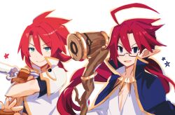 Rule 34 | 2boys, adell (disgaea), ahoge, blue eyes, demon boy, disgaea, disgaea rpg, glasses, hair between eyes, highres, holding, holding staff, holding sword, holding weapon, kasumi koujou, long hair, luke fon fabre, male focus, multiple boys, open mouth, red hair, smile, staff, star (symbol), summoner adell (disgaea), sword, tales of (series), tales of the abyss, weapon, white background