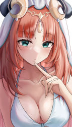 Rule 34 | 1girl, absurdres, aqua eyes, bare shoulders, bikini, blush, breasts, cleavage, closed mouth, forehead jewel, genshin impact, halterneck, highres, horns, index finger raised, long fingers, long hair, looking at viewer, medium breasts, nilou (genshin impact), parted bangs, sidelocks, simple background, solo, swimsuit, upper body, veil, vivid (vividusss), white background, white bikini