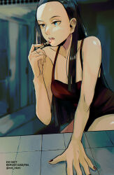 Rule 34 | 1girl, ace attorney, applying makeup, bare arms, black hair, blurry, blurry background, callisto yew, collarbone, cosmetics, dress, freckles, highres, holding, holding lipstick tube, lipstick, lipstick tube, long hair, looking ahead, makeup, rat nkmi, red dress, red nails, solo, twitter username