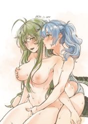 Rule 34 | 2girls, antenna hair, arknights, breasts, crocodilian tail, d-pad, dated, fingering, gavial (arknights), green hair, groin, hair between eyes, hair ornament, large breasts, licking, long hair, moozsilent, multiple girls, nipples, open mouth, original, panties, pussy juice, simple background, sweat, tail, thighs, twintails, underwear, very long hair, white background, white panties, yellow eyes, yuri