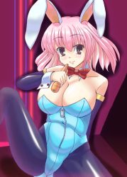 Rule 34 | 1girl, animal ears, arm warmers, black pantyhose, blue leotard, bow, bowtie, breasts, carrot, cleavage, detached collar, easily, eating, female focus, fishnet pantyhose, fishnets, grey eyes, highres, large breasts, leotard, lips, pantyhose, pink hair, playboy bunny, rabbit ears, saigyouji yuyuko, short hair, smile, solo, touhou, wrist cuffs
