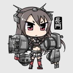 Rule 34 | 10s, 1girl, black hair, black thighhighs, blush stickers, boots, cannon, character name, chibi, frown, full body, grey background, hands on own hips, jpeg artifacts, kantai collection, long hair, lowres, mecha musume, midriff, nagato (kancolle), navel, pleated skirt, red eyes, serious, shokuyou pants, simple background, skirt, solo, thighhighs