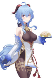 Rule 34 | 1girl, ahoge, bare shoulders, bell, black legwear, black leotard, blue gloves, blue hair, blush, breasts, chinese knot, detached sleeves, flower knot, food, ganyu (genshin impact), genshin impact, gloves, gold trim, h-orita, highres, holding, holding food, horns, legs together, leotard, leotard under clothes, long hair, looking at viewer, medium breasts, neck bell, prosperous peace (genshin impact), purple eyes, sidelocks, smile, solo, standing, thighlet, thighs, white background, white sleeves
