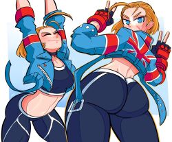 Rule 34 | 1girl, arms up, ass, back, blonde hair, blue eyes, blue jacket, cammy white, choker, closed eyes, closed mouth, crop top, double v, facial scar, fingerless gloves, gloves, gradient background, hair pulled back, highres, jacket, looking at viewer, looking back, loose hair strand, midriff, multiple views, open clothes, open jacket, scar, scar on cheek, scar on face, short hair, sonchapo, stomach, street fighter, street fighter 6, stretching, union jack, v