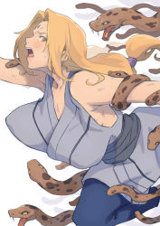 Rule 34 | 1girl, absurdres, arado balanga (xchd7538), bad id, bad pixiv id, bare shoulders, blonde hair, blush, breasts, covered erect nipples, facial mark, fleeing, hatching (texture), highres, large breasts, long hair, looking back, naruto, naruto (series), open mouth, restrained, running, scales, silhouette, simple background, snake, solo, sweat, teeth, tongue, tsunade (naruto), twintails, upper teeth only, white background