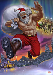 Rule 34 | 10s, 1boy, 2015, aurora, bag, bear, belt, boots, cat, christmas, flying, forest, hat, house, looking at viewer, male focus, manly, matataku, muscular, nature, original, pants, reindeer, santa claus, santa hat, topless male, sled, snowing, solo, surprised cat (matataku), white hair