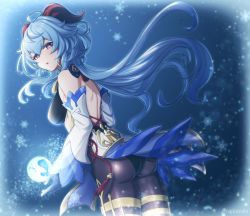 Rule 34 | 1girl, ahoge, artist request, ass, bare shoulders, blue background, blue hair, blue theme, bodysuit, breasts, detached sleeves, from behind, from below, ganyu (genshin impact), genshin impact, gloves, hair between eyes, highres, horns, ice, large breasts, leotard, long hair, looking at viewer, open mouth, orb, pantyhose, pelvic curtain, purple eyes, shiny clothes, shiny skin, sideboob, solo, very long hair, waist cape