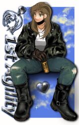 Rule 34 | 1girl, black footwear, black jacket, boots, brown gloves, brown hair, can, canned coffee, cloud, denim, drink can, gloves, green eyes, heart, highres, holding, holding can, invisible chair, jacket, jeans, jewelry, kagaya (oshiriudon), long hair, necklace, original, pants, shirt, sitting, solo, sparkle, torn clothes, torn jeans, torn pants, white shirt