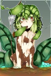 Rule 34 | 1girl, breasts, chocolate, chocolate on body, chocolate on breasts, facial mark, female focus, green hair, highres, messy, monster girl, naked chocolate, nude, ocha no mae, original, plant girl, short hair, small breasts, solo