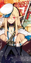 Rule 34 | 00s, blonde hair, dungeon and fighter, earrings, flower, gloves, hat, jewelry, locket, long image, mage (dungeon and fighter), military, military uniform, necklace, pendant, shoulder pads, staff, tall image, tongue, uniform